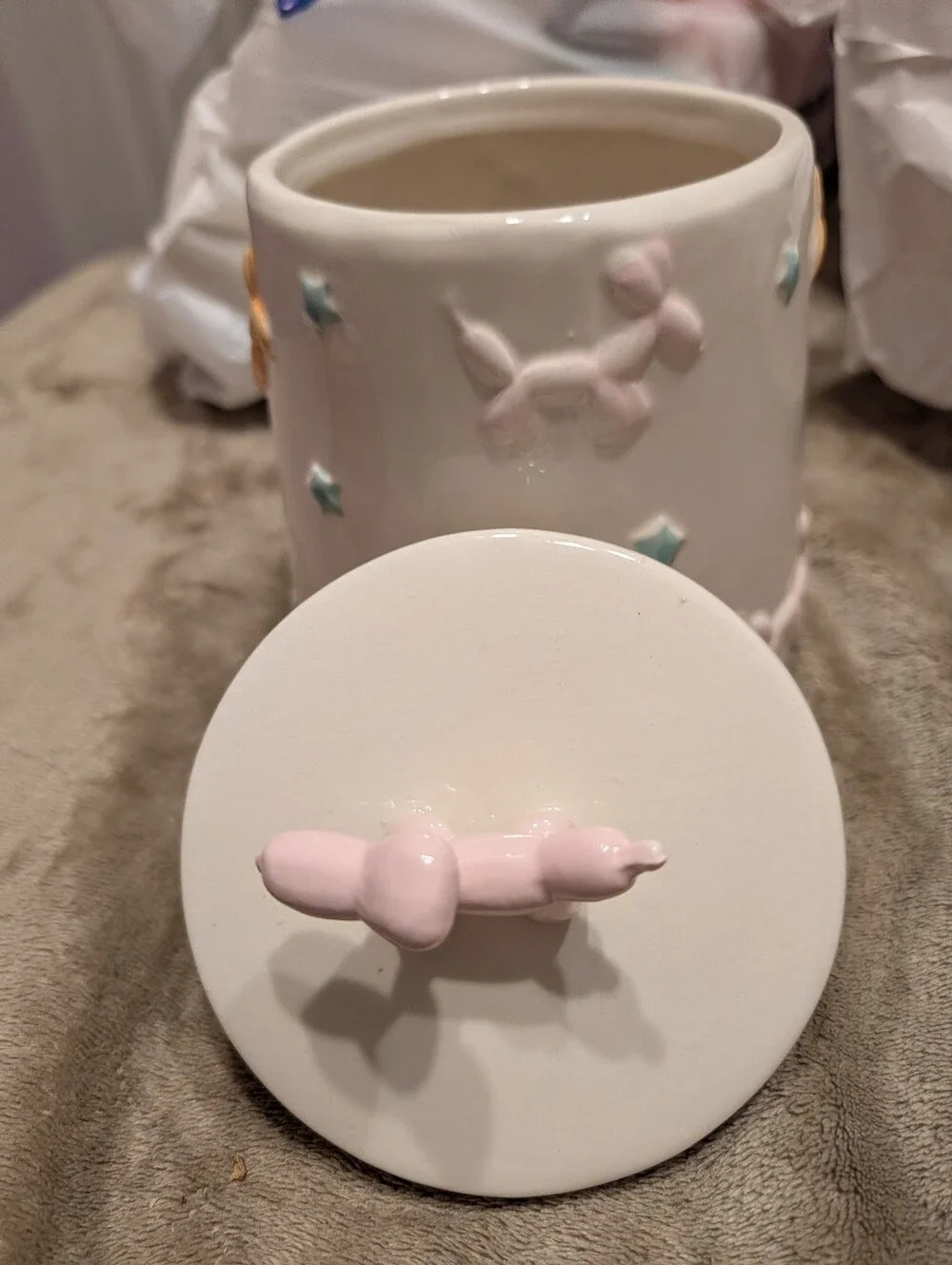 Ceramic Balloon Dog Canister - Pastel Pink & Yellow